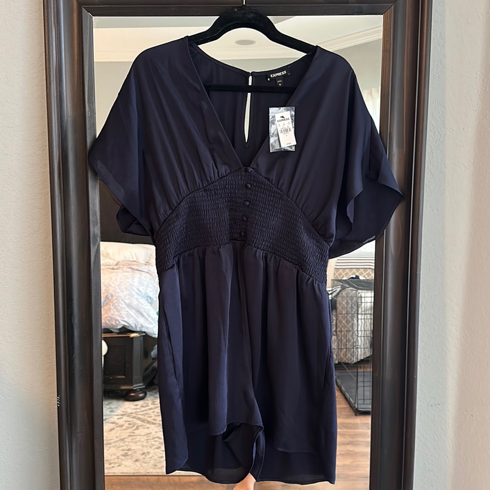 Satin navy blue shirt sleeve romper